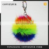 Rainbow dimensional mink fur pom pom key ring for bag/metal clasp