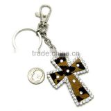 Cross pendant accented keyring faux leopard fur and clear crystals keychain