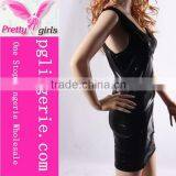 New Women's Sleeveless Faux-Leather Black V Neck Tight Mini-skirt thumbnail-3