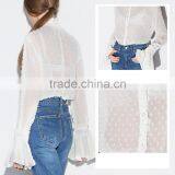 Lady's Long Sleeve Stand Collar Transparent Chiffon Blouse thumbnail-4