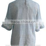 Korean Style Floral Lace Round Neck 3/4 Sleeve Linen Cotton Blouse thumbnail-2