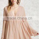 Fashion Long Bell Sleeve Chiffon Embroidery Summer Short Dress Women thumbnail-2