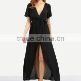 Woman Short Sleeve Black V Neck Tie Waist Chiffon Maxi Wrap Type Maxi Dress thumbnail-2