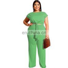 Solid Color Plus Size Short Sleeve Plus Size Two Piece Women Pant Sets New Fashion thumbnail-2