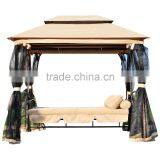 Outdoor 3 Person Patio Tan Daybed Canopy Gazebo Swing With Mesh Walls thumbnail-2