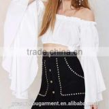 2015 Spring Summer Casual Wear Black Long Sleeve Slash Neck Off Shoulder Frill women white chiffon Crop Top