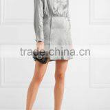 Latest Metallic Gray-green Long Sleeve Wrap Effect Silk-Jacquard Mini Dress Design Pictures Names Of Ladies Dresses HSD5932 thumbnail-4