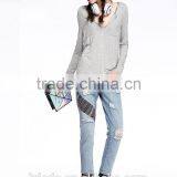 Slim Fit Women Gray Long Sleeve Large V-neck t Shirt thumbnail-3