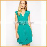 Popular Women Cap Sleeve Surplice Neckline Dress Waist Belt Green Crepe Dress D0443 thumbnail-1