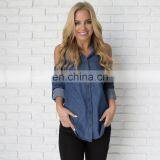 2017 Denim Chambray Cold Shoulder Summer Blouse Women thumbnail-1