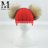 High Quality Kids Knitted Beanies Hat Double Big Raccoon Fur Pom Pom Hat Baby thumbnail-5