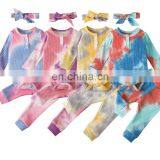 8colors New Design Tie Dye Pit Cotton Infant Romper Clothing Full Pant Baby Girls Fall Outfit Sets With Headband thumbnail-2