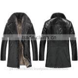 Mens Winter Sheepskin Shearling Leather Coat With Raccoon Fur Trim Black thumbnail-3