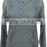 Soft Hand Feeling,polyester and Viscoes,allover Cable With Beading,ladies' Pullover thumbnail-1