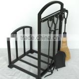 5 Piece Matte Black Hearth Center, log rack with fireplace tools