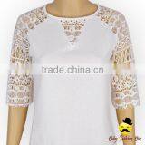 Wholesale Western Women Transparent Lace Floral Half Sleeve Cotton Harem Raglan Lady Modern Shirt Top Blouse thumbnail-2