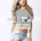 European Style Sexy Women Fashion Round Neck White Short Sleeve Top Stripe Cropped T-shirt 2017 thumbnail-3