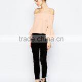 2016 Guangzhou Shandao Summer New Elegant Design Casual 3/4 Flare Sleeve Off Shoulder Pink Chiffon Girls Party Wear Tops thumbnail-5