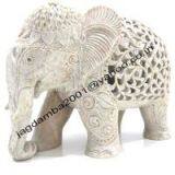 Rare Stone Inlay Saluting Elephant Solid White Marble Colorful Alabaster Art thumbnail-3