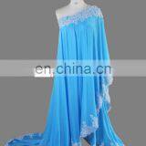 Fashion Blue One Shoulder Lace Hem Pearl Beads 2017 Plus Size Muslim Evening Dress thumbnail-2