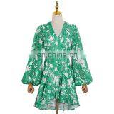 TWOTWINSTYLE Ruched Print Dress For Women V Neck Lantern Sleeve High Waist High Color Elegant thumbnail-1
