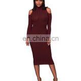 2020 New Arrivals Women Solid Color Fashion Casual Dresses Ladies Long Sleeve Turtleneck Off Shoulder Dresses Women Autumn Dress thumbnail-5