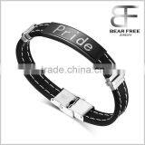 Mens Womens Stainless Steel ID Bracelet Engraved "Pride" for Gay & Lesbian Silicone Chain Black