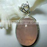Rose Quartz Oval Cabochon Pendant, 925 Solid Silver Pendant, Designer Silver Pendant thumbnail-1