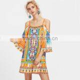 Print Kimono Sleeve Dress, Women Cold Shoulder Spaghetti Strap Dress thumbnail-2
