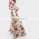 One-piece Dress Deep V Printed Floral Beige Chiffon Dress thumbnail-2