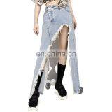 TWOTWINSTYLE Skirt For Women Casual Tassel Asymmetrical Denim High Waist Split Hit Color Irregular thumbnail-1