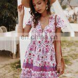 Hot Sale Women Deep V-Neck Casual Dresses Lady Holiday Print Short Sleeve Floral Summer Dress thumbnail-3