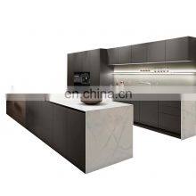 Handle Free Modern Design Black Matt Finish Lacquer Kitchen Cabinet With Marble Counter Island thumbnail-1