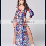 Wholesaler Summer Sexy V Neck Chiffon Beach Floral Long Dress With High Slit RYG-L865