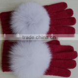 Fashion Women's Stretch knit winter warmer wool fox fur gloves/Soft Comfort Knitted Gloves