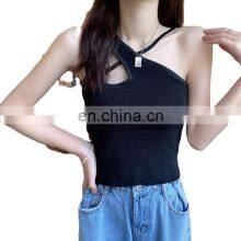 Forefair Ribbed Tank Tops Sexy Crop Vest Solid Harajuku Korean Female Off Shoulder Knitted Khaki Black Summer Women Tops thumbnail-1