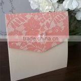 Handmade Pink Lace Effect Personalised Ribbon With Brooch Wedding Invitation Card