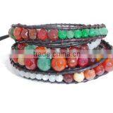Multi Gem Stone Graduated Wrap Bracelet on Dark Brown Leather thumbnail-1
