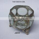 Hexagon Glass and Brass Box With Brass Feet and Metal Fittings in Nickel Finish