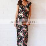 Korean Style One Piece Dress Nursing Vintage Floral Short Cap Sleeves Back Split Maxi Breastfeeding Dress thumbnail-2
