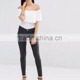 MGOO Women Slinky Bardot Bodysuit With Frill Overlay Plain White Sexy Off Shoulder Bodysuit Playsuit thumbnail-5