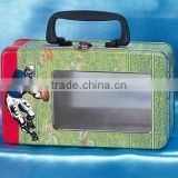 rectangular shape size:215*125*60MM clear window tin case with handle