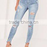 Fashion Women Blue High Waisted Brushed Ripped Skinny Denim Jeans With Hole thumbnail-2