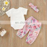 Easter Day 2019 Short Sleeved Kids Clothes Girls Children Clothing Sets Bunny White Romper & Flower Pants & Headband 3PCS Set thumbnail-3