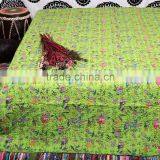Indian Kantha REVERSIBLE Quilt Queen Green Bedding Cotton Sari Kantha Handstiched Bed Cover