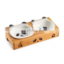 Wholesale cheap Bamboo Elevated Dog Cat Food and Water Bowls Stand Feeder with 2 ceramic Bowls