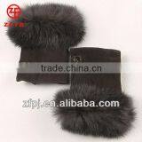Fingerless Lamb Suede Gloves With Fox Feather