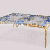Hand Painted Wooden Coffee Table, Exquisite Seasell Mosaic Inlay Oval Shaped Side Table, Classical Living Room Tea Table thumbnail-3