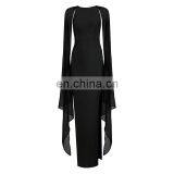 Amigo 2017 Black Long Chiffon Cape Sleeve High Vent Barelegged Long Bandage Dress Modest Dresses for Young Girls thumbnail-2