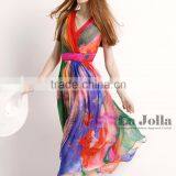 2016 New Fashion Design Women Dress Sleeveless Maxi Dress Printed Chiffon Summer Dress thumbnail-2